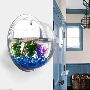 Shopi Vella wall-mounted fish bowl with decorative plants and blue gravel for stylish home storage