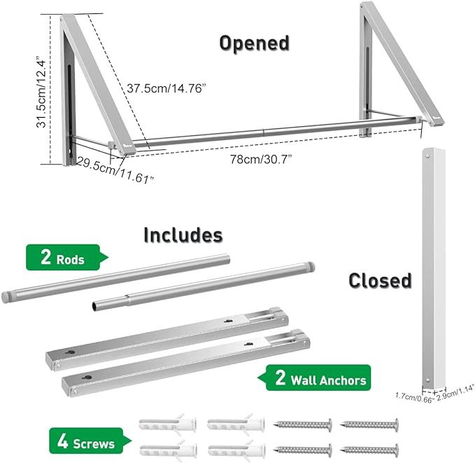 Shopi Vella wall mounted laundry drying rack with two rods screws and wall anchors shown opened and closed