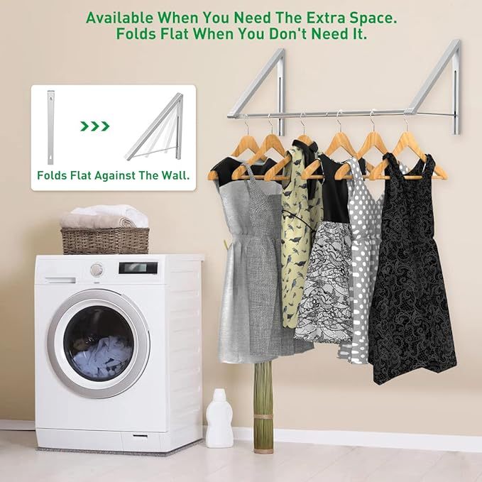 Shopi Vella wall mounted laundry drying rack with dresses hanging and washing machine below