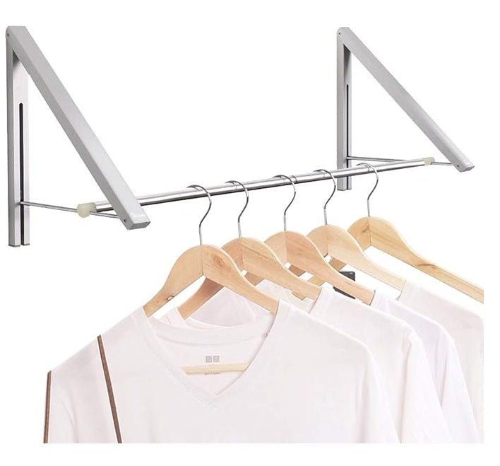 Shopi Vella wall mounted laundry drying rack with clothes hanging on wooden hangers