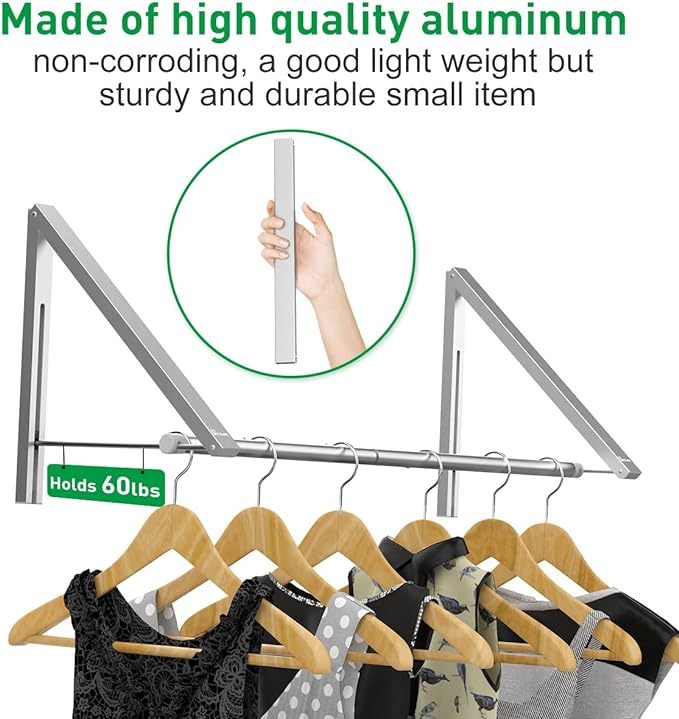 Shopi Vella wall mounted laundry drying rack made of durable aluminum holding clothes on wooden hangers