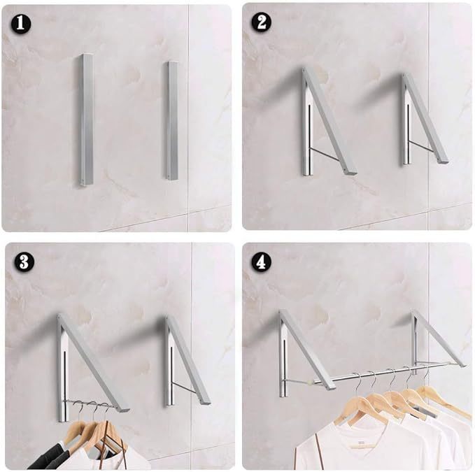 Shopi Vella wall mounted laundry drying rack shown in four steps of installation on a tiled wall with clothes hanging