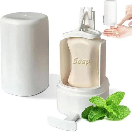 Shopi Vella wall mounted soap grinder dispenser with soap bar and mint leaves for bathroom storage