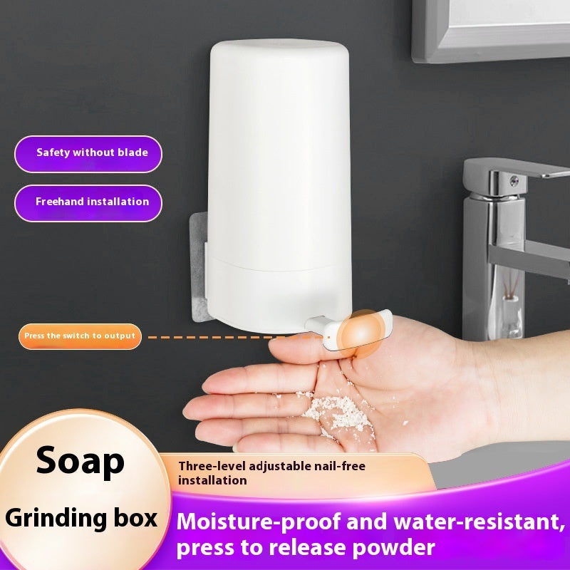 Shopi Vella wall mounted soap grinder dispenser releasing soap powder into hand in bathroom