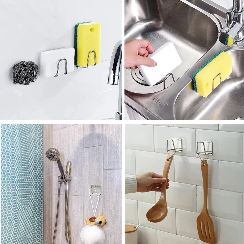 Wall mounted sponge holder for kitchen showing stainless steel hooks holding sponges, soap, and utensils near sink and shower