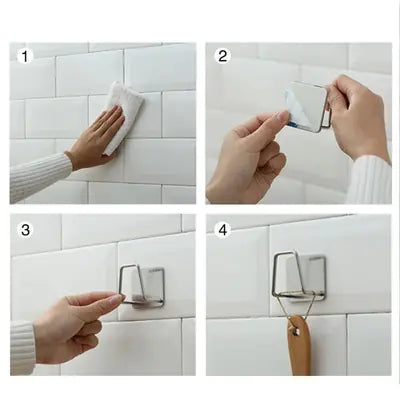 Step-by-step installation of wall mounted sponge holder for kitchen on white tiled wall