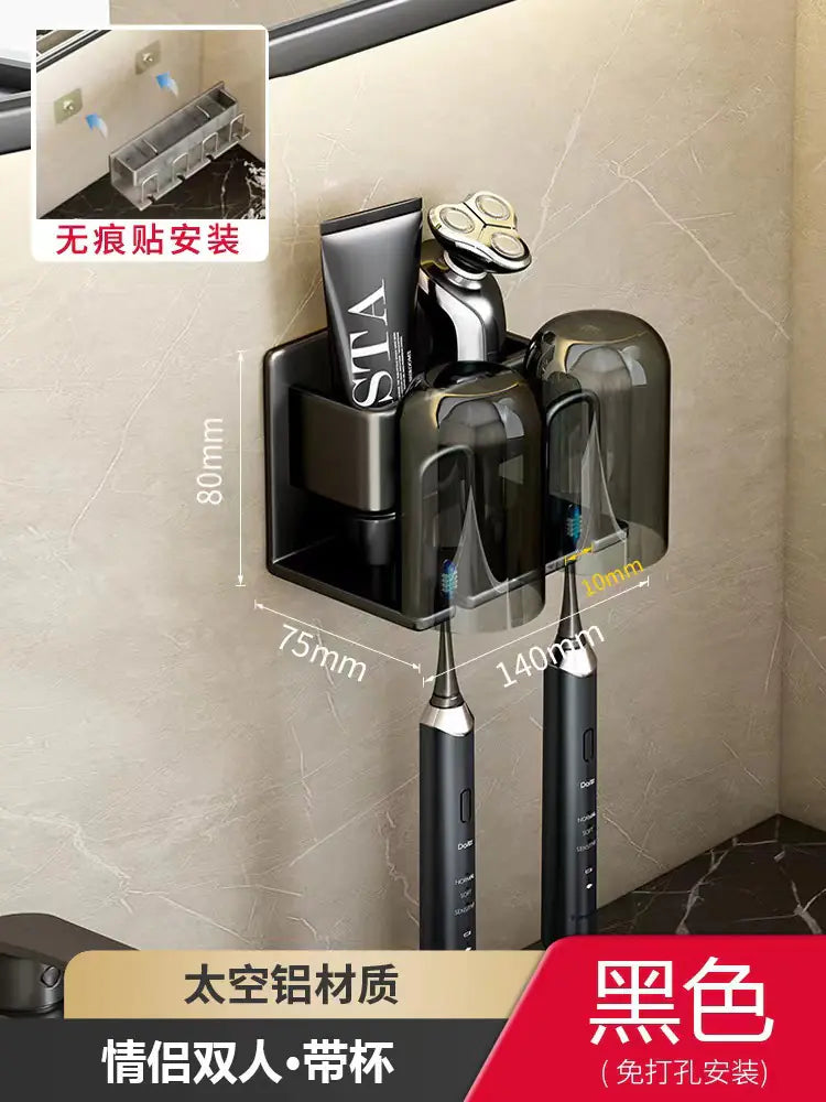 Black wall-mounted toothbrush holder with two compartments and a razor holder for bathroom organization