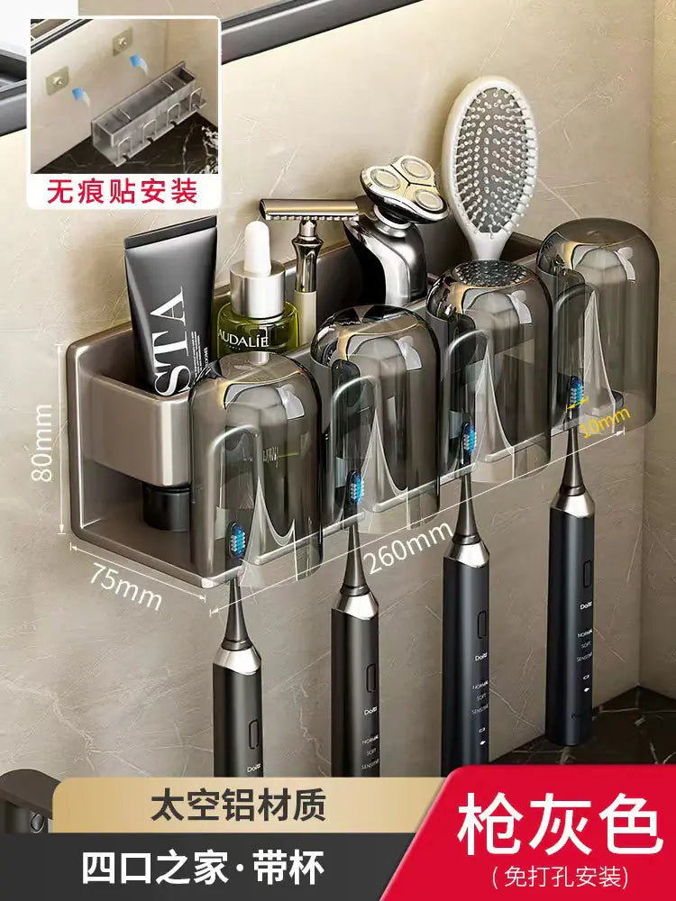 Wall-mounted toothbrush holder with four compartments and hooks for electric toothbrushes and personal care items