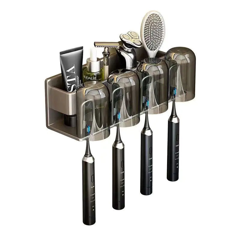 Wall-mounted toothbrush holder with four electric toothbrush slots and storage for grooming items