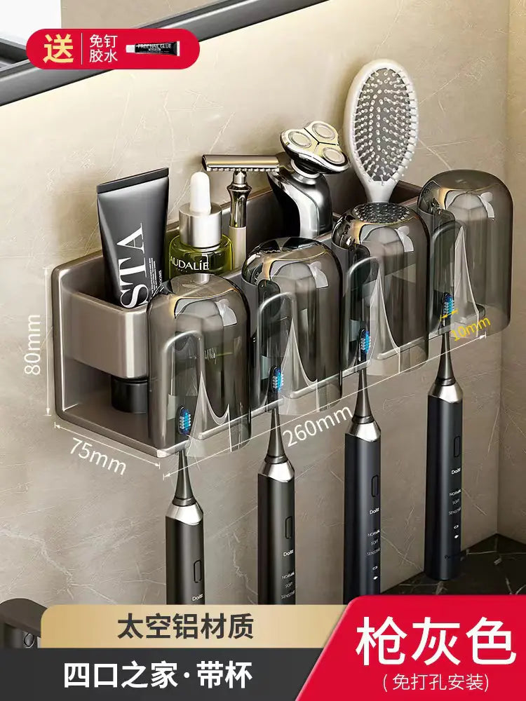Modern wall-mounted toothbrush holder with four compartments and space for toiletries in bathroom