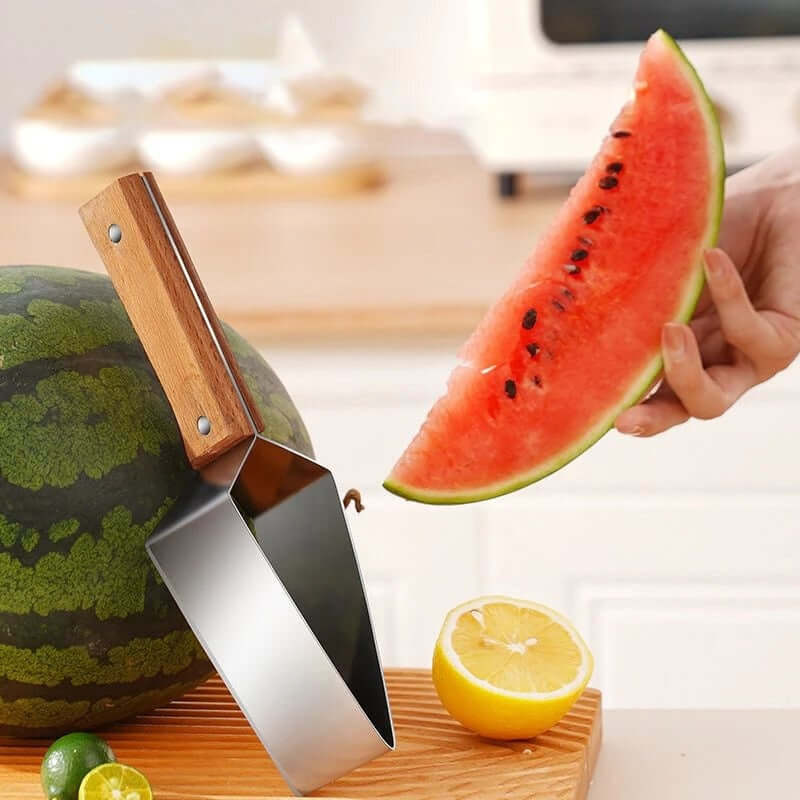 Shopi Vella watermelon cutter stainless steel with wooden handle slicing a fresh watermelon wedge