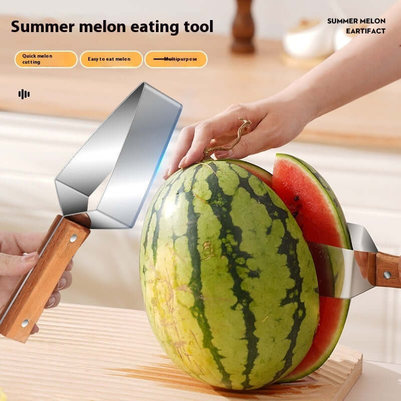 Watermelon cutter stainless steel with wooden handle slicing a whole watermelon on a kitchen table