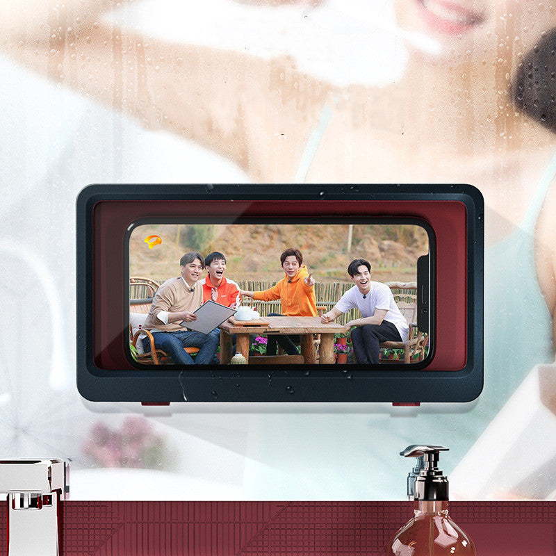 Shopi Vella waterproof bathroom phone holder mounted on shower glass protecting phone with water droplets