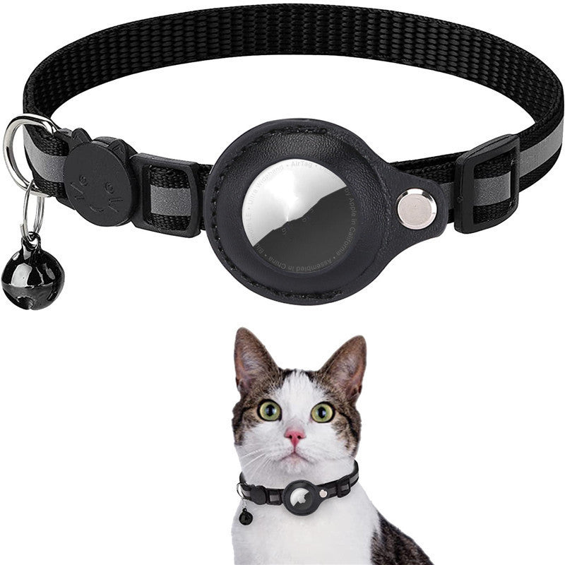 Shopi Vella black waterproof pet tracker holder case attached to a cat collar with bell