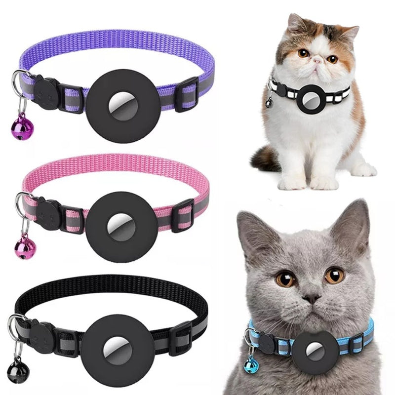 Shopi Vella waterproof pet tracker holder case attached to colorful cat collars shown on cats