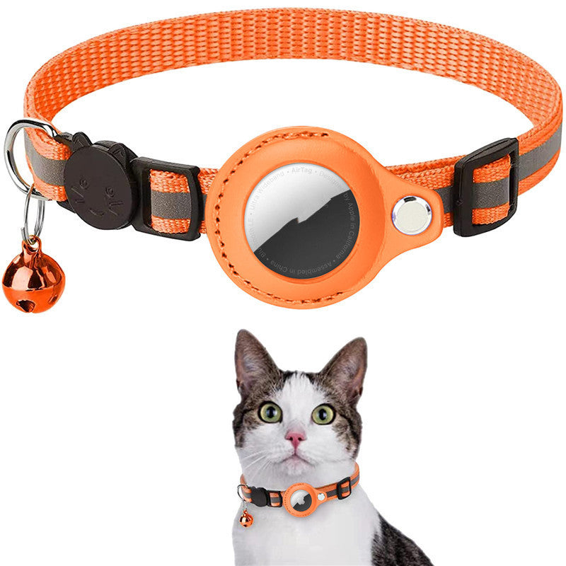 Orange waterproof pet tracker holder case attached to an adjustable cat collar with bell