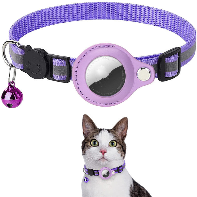 Purple waterproof pet tracker holder case attached to adjustable purple cat collar with bell