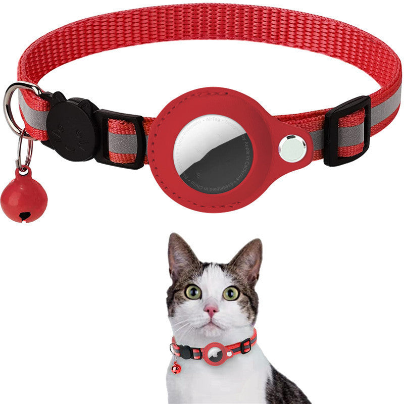 Red waterproof pet tracker holder case attached to adjustable cat collar with bell