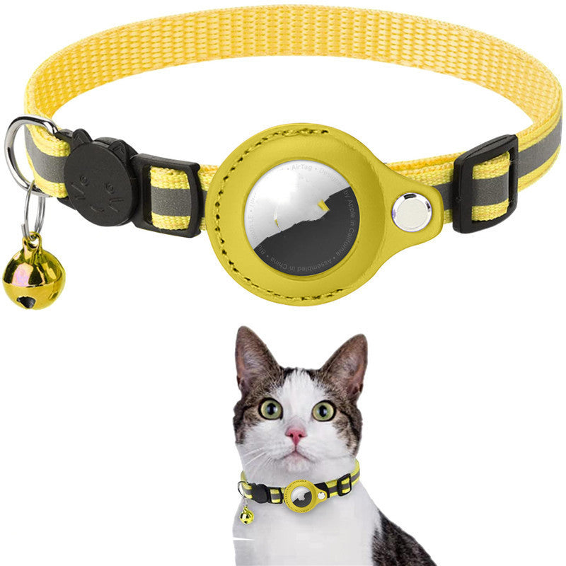 Yellow waterproof pet tracker holder case attached to a yellow and black cat collar with bell