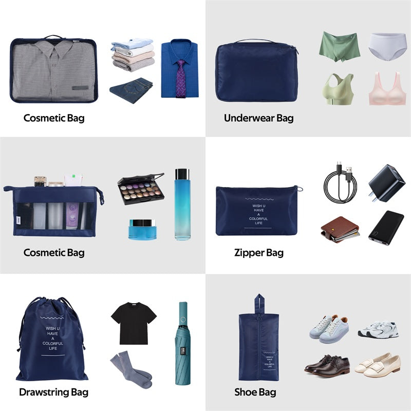 Shopi Vella waterproof travel storage organizer set including cosmetic bag, underwear bag, zipper bag, drawstring bag, and shoe bag for home storage