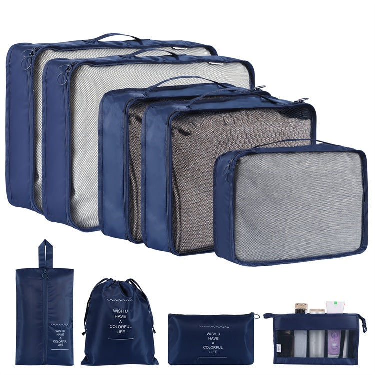 Shopi Vella waterproof travel storage organizer set with multiple navy blue packing cubes and pouches for home storage