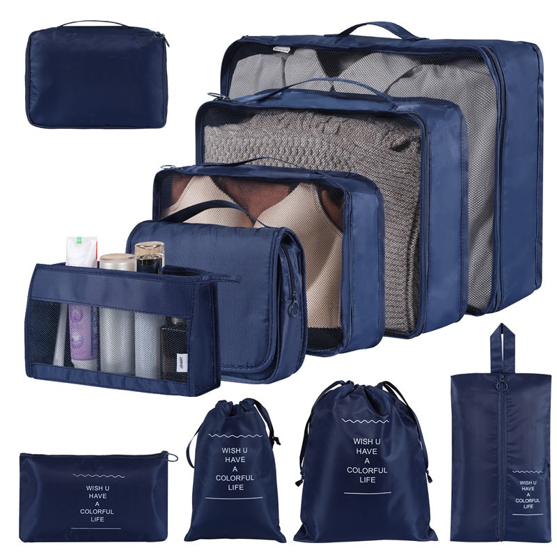 Shopi Vella waterproof travel storage organizer set with multiple navy blue packing cubes and pouches for efficient home storage