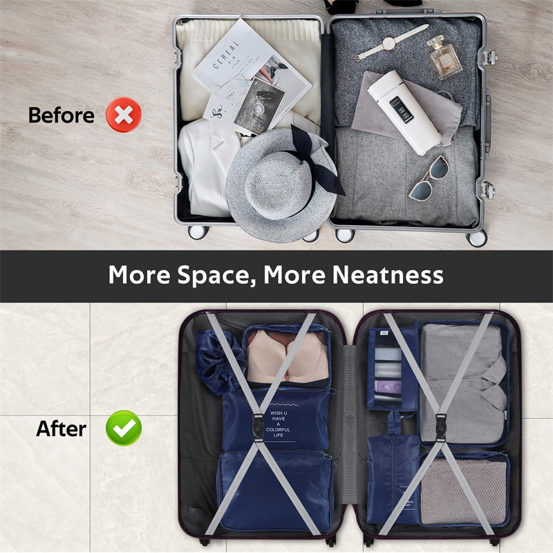 Waterproof travel storage organizer neatly packing clothes and accessories in a suitcase for home storage by Shopi Vella