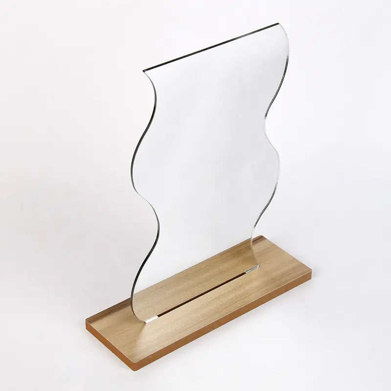 Wavy glass dorm decor vanity mirror with wooden base for stylish dorm room decoration