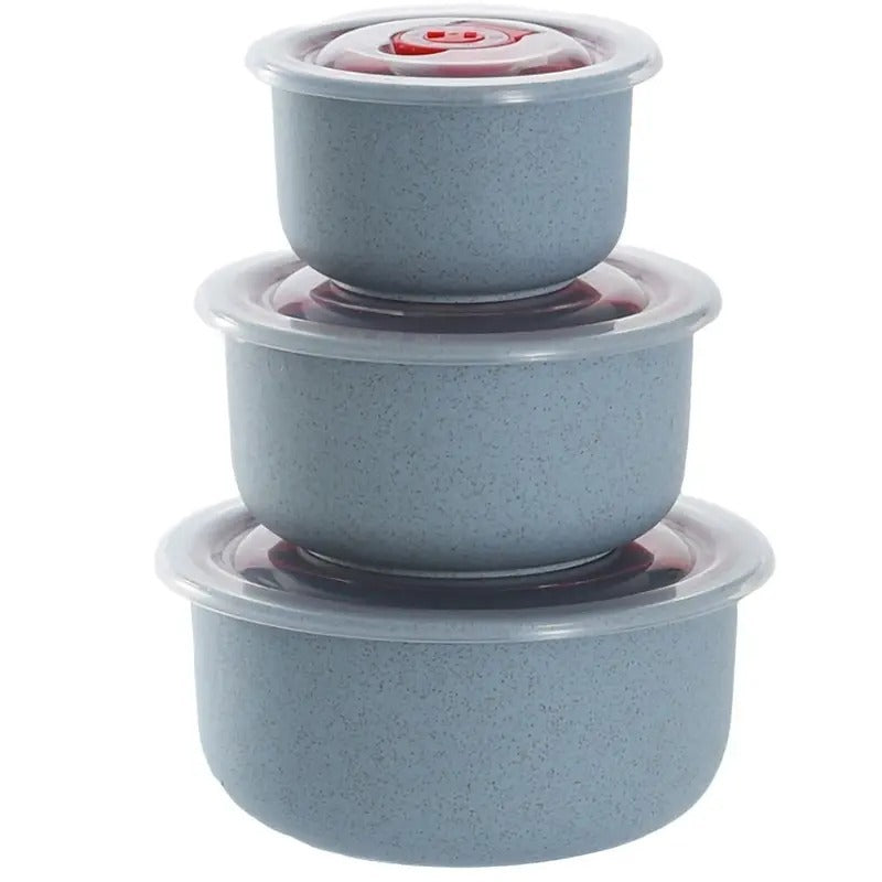 Shopi Vella set of three blue wheat straw food storage bowls with clear lids for kitchen storage
