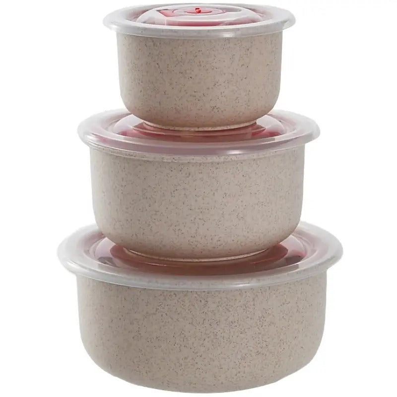 Shopi Vella wheat straw food storage bowls set with three beige eco-friendly containers and translucent lids