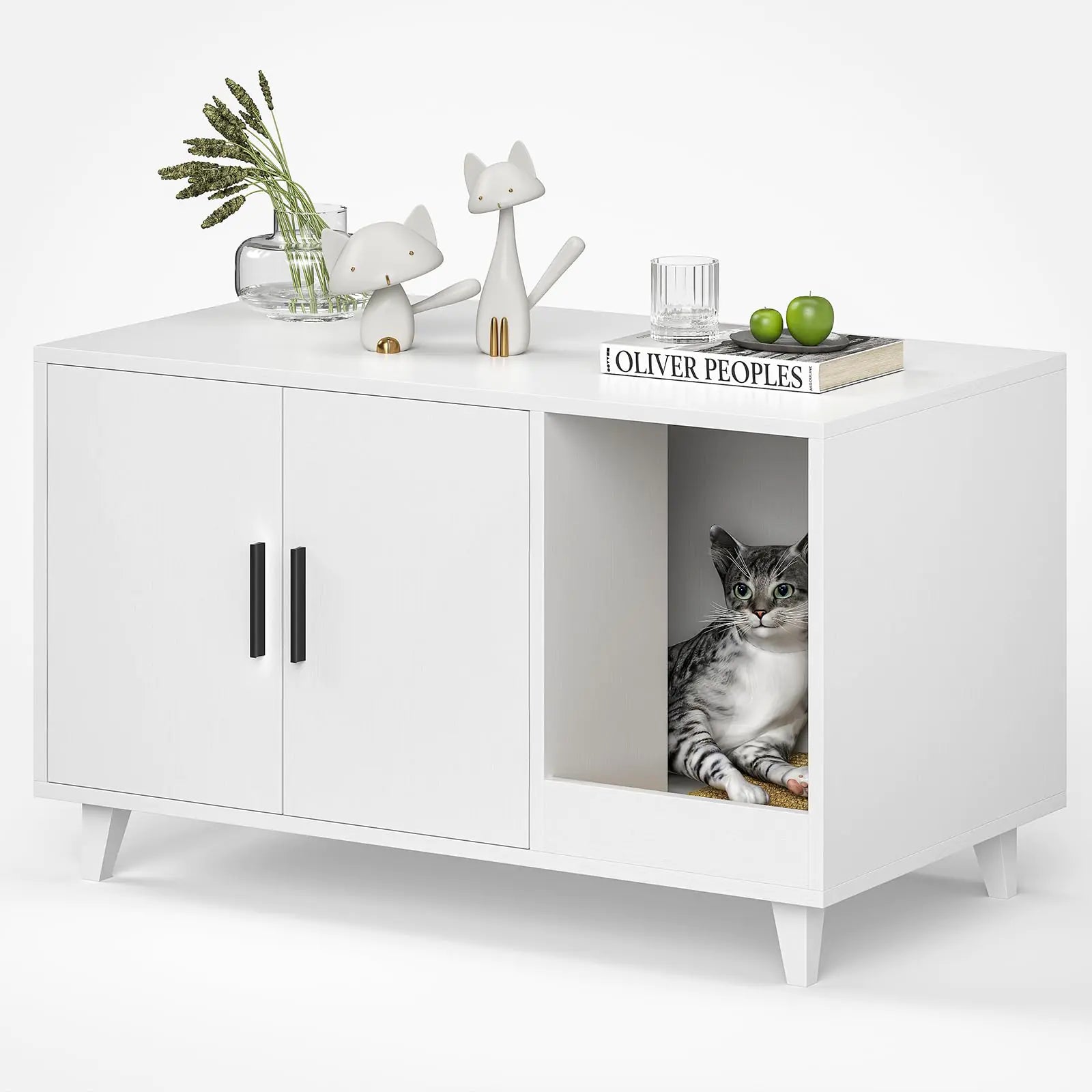 White cat furniture with scratching mat featuring a modern white cabinet with open cubby housing a gray cat