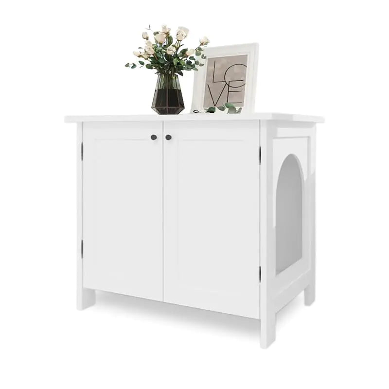 White wooden cat litter box furniture enclosure with side entry and decorative top surface