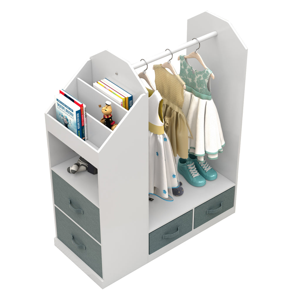 Shopi Vella children's clothing storage rack with hanging rod, drawers, and compartments for books and toys