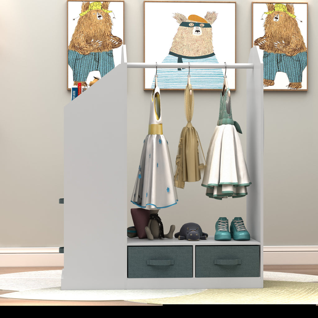 Shopi Vella children's clothing storage rack with hanging space and two drawers in white and teal