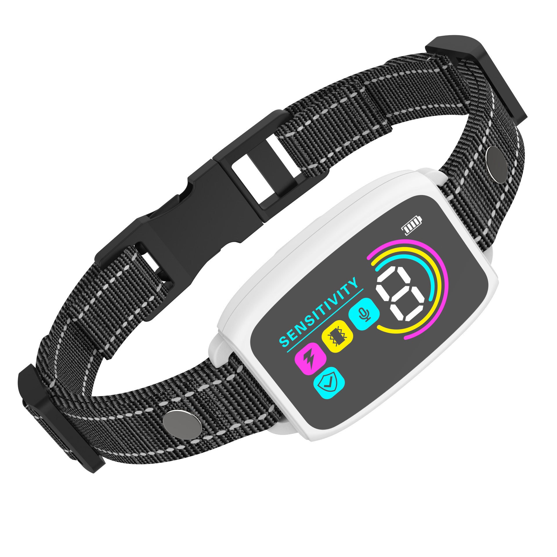 Rechargeable bark stopper for dogs with adjustable sensitivity and black durable strap