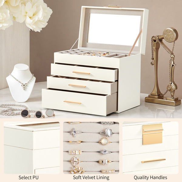 Shopi Vella white jewelry storage box with soft velvet lining and multiple drawers for organizing rings and accessories