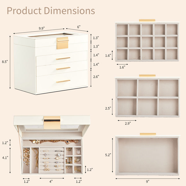Shopi Vella white jewelry storage box with multiple compartments and gold handles for organized jewelry storage
