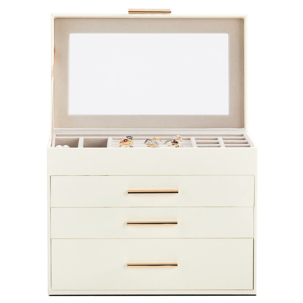 Shopi Vella white jewelry storage box with multiple compartments and three drawers for organizing rings and accessories