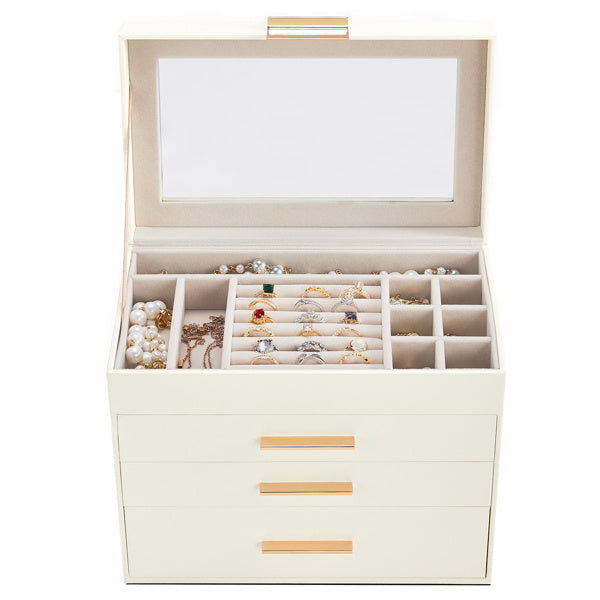 Shopi Vella white jewelry storage box with multiple compartments and drawers for rings and accessories
