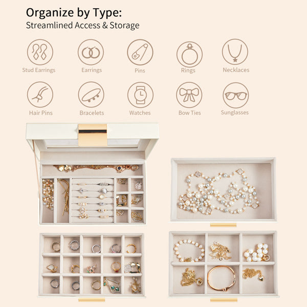 Shopi Vella white jewelry storage box with multiple compartments organizing rings, bracelets, necklaces, and earrings