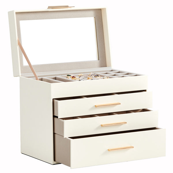 Shopi Vella white jewelry storage box with mirror lid and multiple drawers for organizing rings and accessories