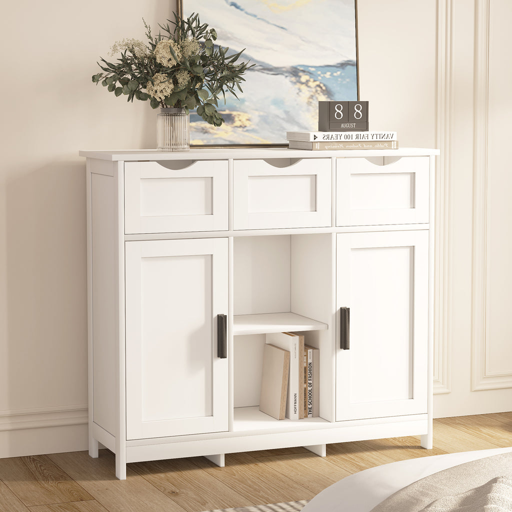 Shopi Vella white living room cabinet with shelves featuring three drawers and decorative items on top