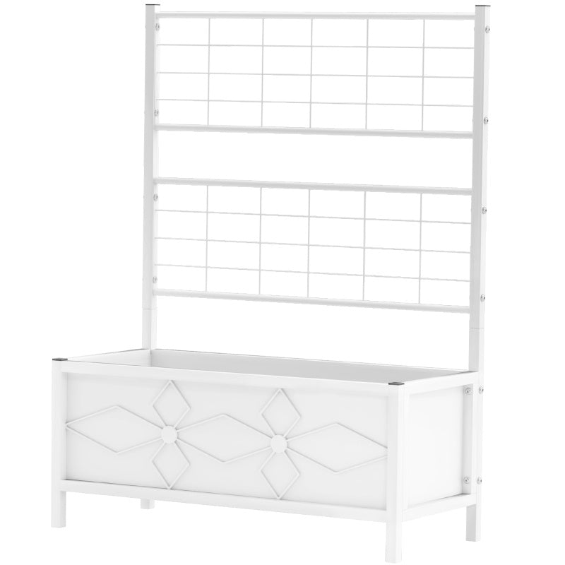 Shopi Vella white outdoor planter box with trellis featuring decorative front panel and sturdy metal frame