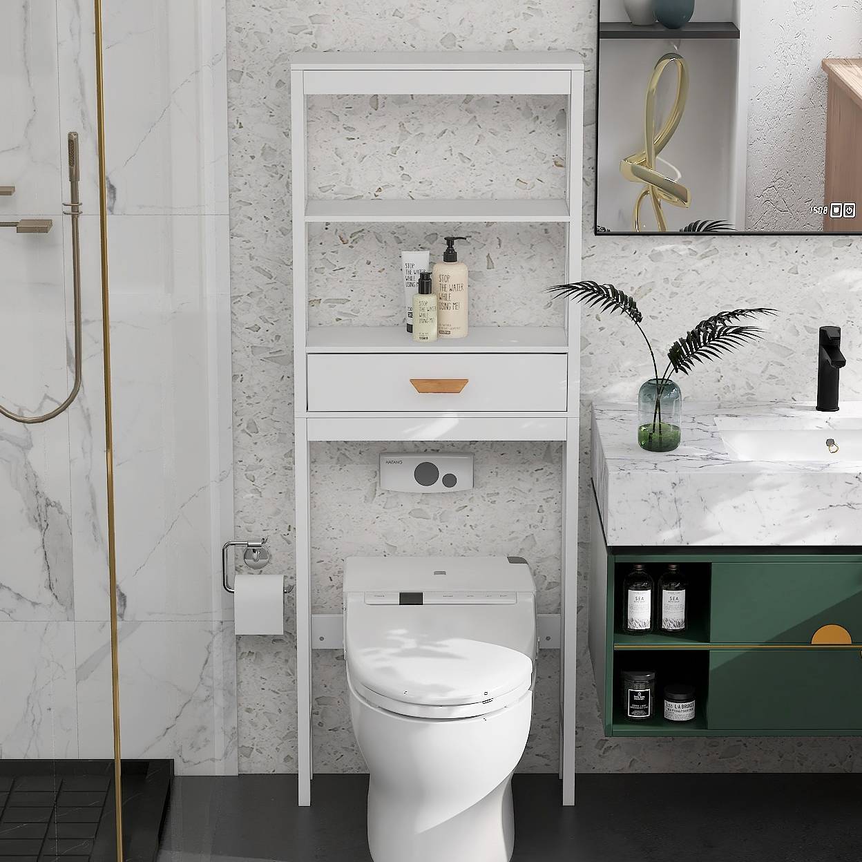 Shopi Vella white over the toilet storage cabinet with shelf and drawer in modern bathroom