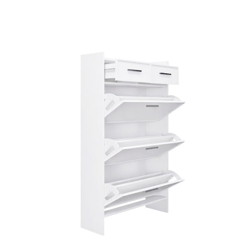 Shopi Vella white PVC shoe rack with drawers featuring three tilt-out compartments and two top storage drawers