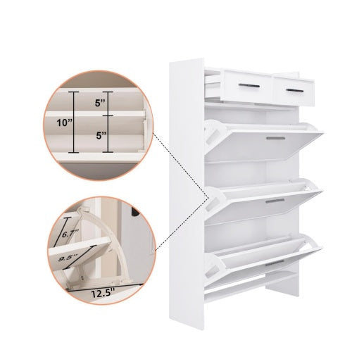 Shopi Vella white PVC shoe rack with drawers featuring multiple compartments and detailed measurements