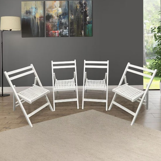 Set of four white slatted wood folding chairs in a modern living room by Shopi Vella