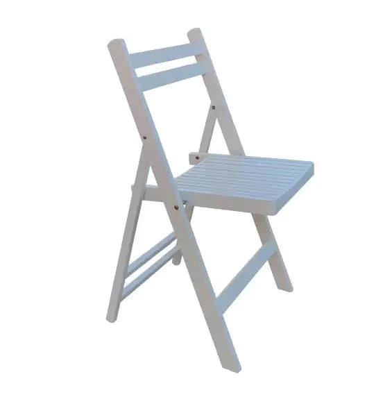 White slatted wood folding event chair with sturdy frame and simple design