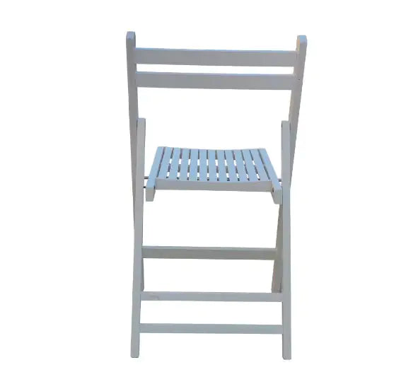 White slatted wood folding event chair with simple design and sturdy construction