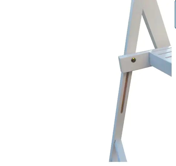 Close-up view of white slatted wood folding event chair showing sturdy frame and slatted seat design